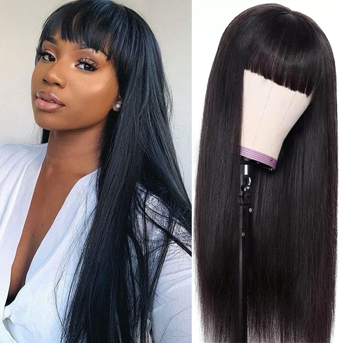 Wesface Straight Wig with Bangs Wear&Go Glueless Wig Virgin Human Hair Wigs