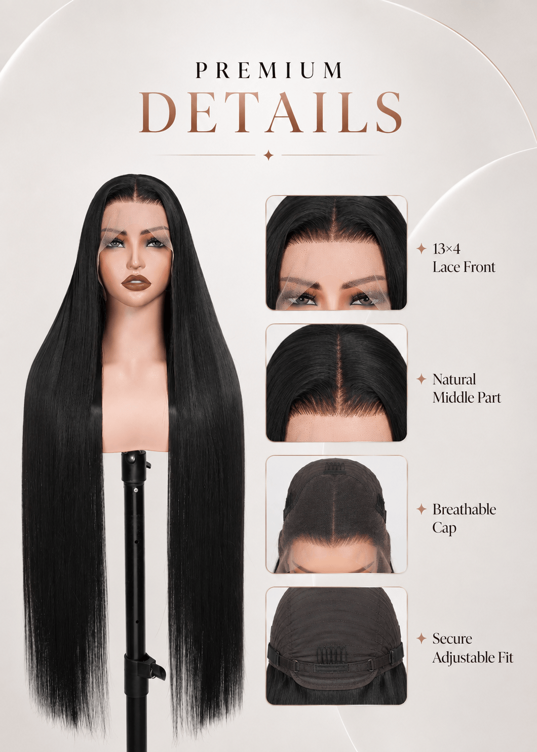 Wigaga Glueless 13x4 HD Lace Front Wig, 36 Inch Long Straight Synthetic Wig for Women, Middle Part Lace Wigs with Pre-Plucked Natural Hairline and Baby Hair, 200% Density Soft Lightweight Heat Resistant Fiber
