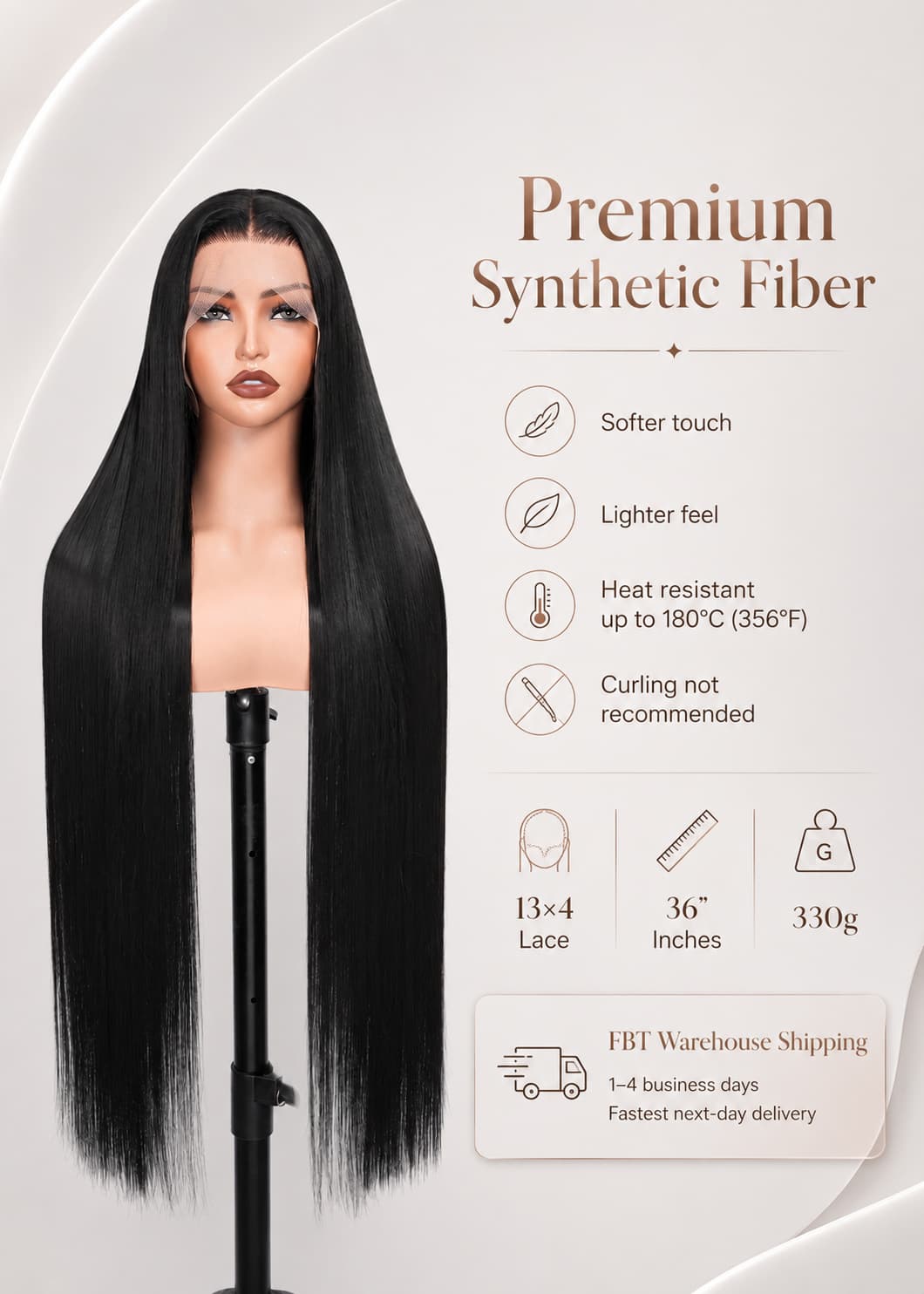 Wigaga Glueless 13x4 HD Lace Front Wig, 36 Inch Long Straight Synthetic Wig for Women, Middle Part Lace Wigs with Pre-Plucked Natural Hairline and Baby Hair, 200% Density Soft Lightweight Heat Resistant Fiber