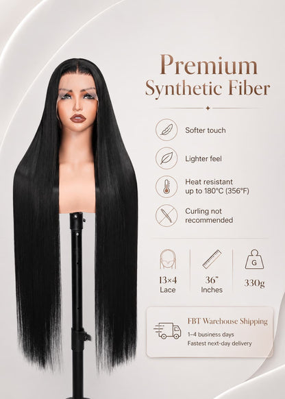 Wigaga Glueless 13x4 HD Lace Front Wig, 36 Inch Long Straight Synthetic Wig for Women, Middle Part Lace Wigs with Pre-Plucked Natural Hairline and Baby Hair, 200% Density Soft Lightweight Heat Resistant Fiber