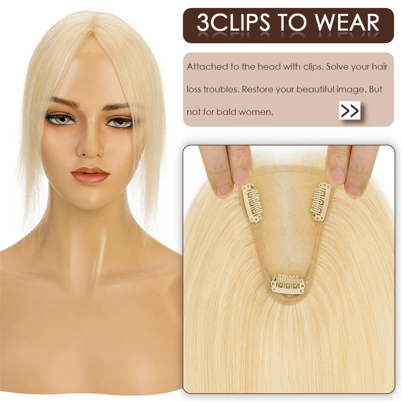 Toppers de cabelo humano castanho escuro com franja 100% cabelo humano remy para mulheres cabelo ralo base de seda clipe em topper