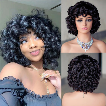 Wesface Loose Curly Wig With Bangs Fumi Human Hair Full Machine Made Loose Wave Short Bob Wigs For Women Virgin Brazilian Pixie Cut