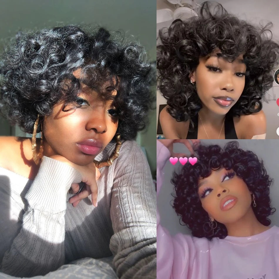 Wesface Loose Curly Wig With Bangs Fumi Human Hair Full Machine Made Loose Wave Short Bob Wigs For Women Virgin Brazilian Pixie Cut