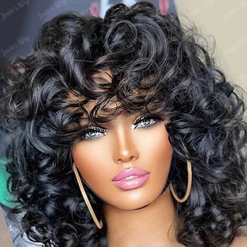 Wesface Loose Curly Wig With Bangs Fumi Human Hair Full Machine Made Loose Wave Short Bob Wigs For Women Virgin Brazilian Pixie Cut