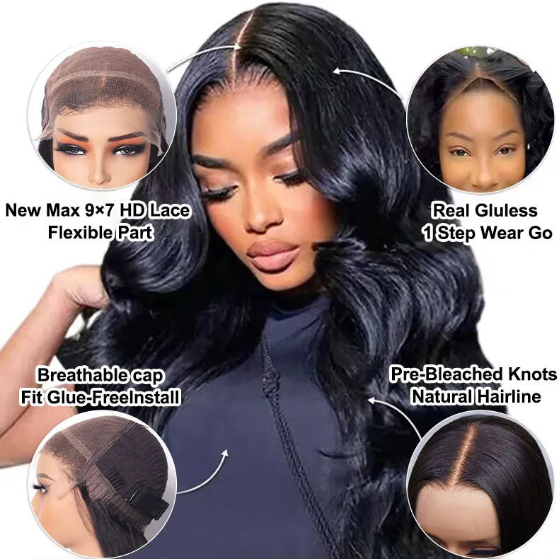 Easy To Go Body Wave Pre-cut 9x7 Lace Closure Wig Undetectable HD Lace Bleach Knots 100% Real Gluelessly Install