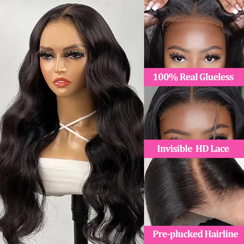 Peruca de fechamento de renda pré-cortada 9x7 Body Wave fácil de usar, nós de descoloração de renda HD indetectáveis, 100% real, instalação sem cola