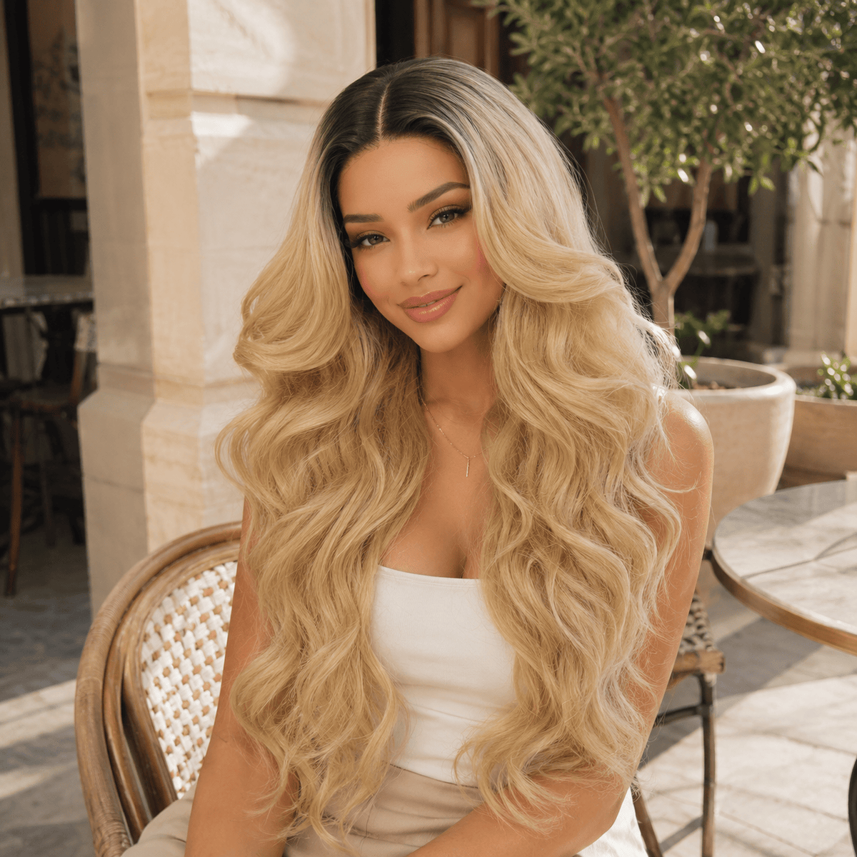 Wigaga 28 inch Ombre Flaxen Blonde Body Wave Wig, 13x4x1 HD Lace Glueless T-Part Lace Front Synthetic Wig for Women, Pre-Plucked Natural Hairline with Baby Hair, 200% Density Soft Lightweight Heat-Resistant Premium Fiber, Middle Part