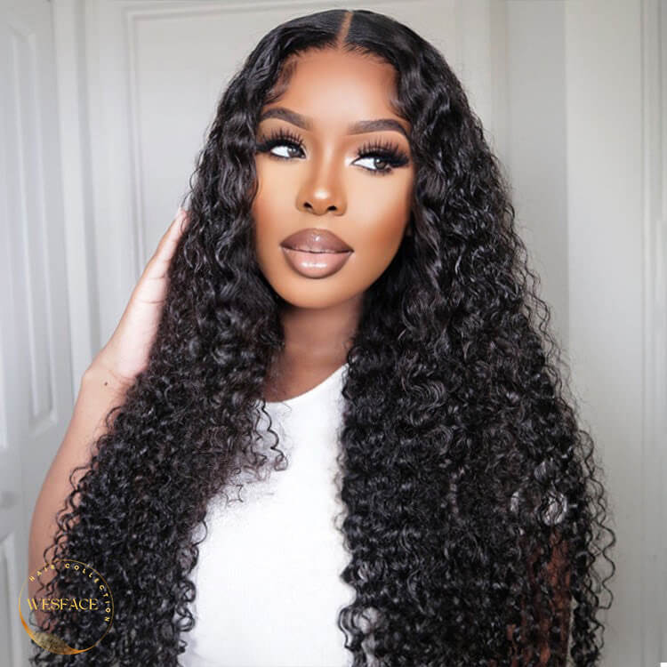 Wesface Deep Curly 13x4 Lace Front Wig Upgrade Glueless Wig Natural Black Transparent Lace Human Hair Wig