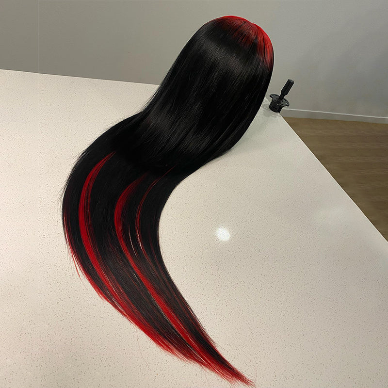 Wesface Demon Red &amp; Black Two Tones Long Straight 13x4 Human Hair Lace Wig