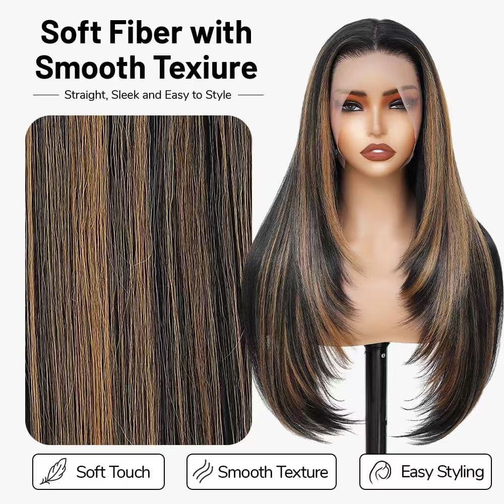 Synthetic Lace Front Wig 13x4 HD Lace Layered Hairstyle Pre Plucked Hairline Straight Long Black Glueless Wigs for Black Women 26 Inch Beginner Friendly
