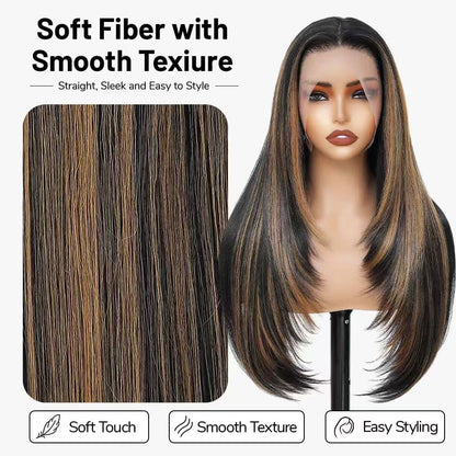 Synthetic Lace Front Wig 13x4 HD Lace Layered Hairstyle Pre Plucked Hairline Straight Long Black Glueless Wigs for Black Women 26 Inch Beginner Friendly