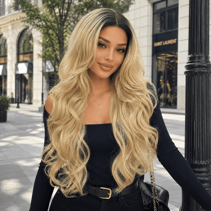 Wigaga 28 inch Ombre Flaxen Blonde Body Wave Wig, 13x4x1 HD Lace Glueless T-Part Lace Front Synthetic Wig for Women, Pre-Plucked Natural Hairline with Baby Hair, 200% Density Soft Lightweight Heat-Resistant Premium Fiber, Middle Part