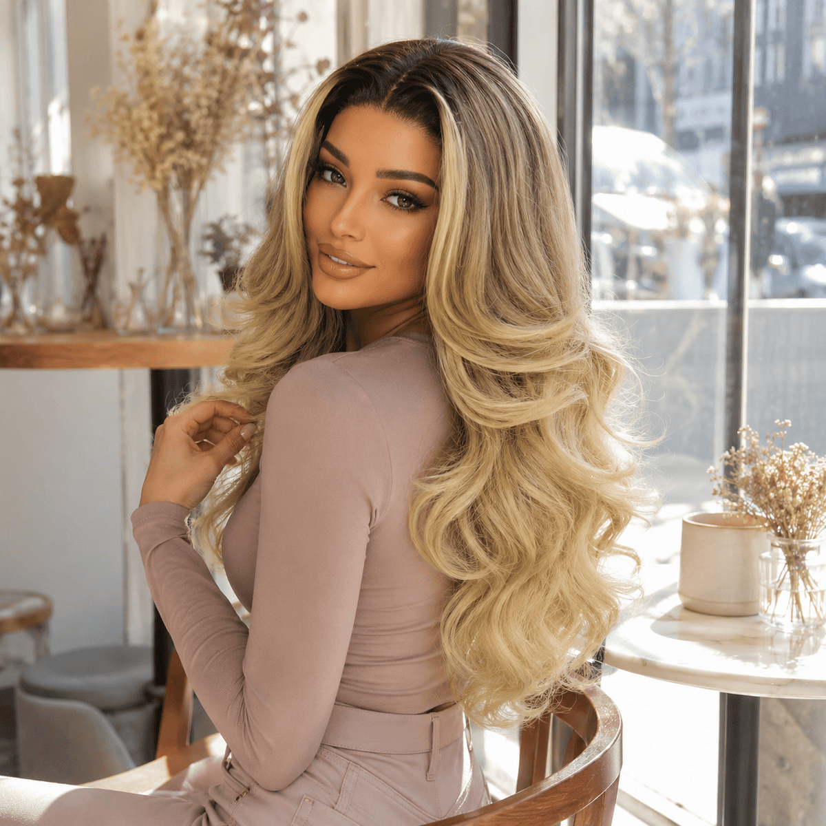 Wigaga 28 Inch Ombre Blonde Body Wave Wig, 13x4x1 HD Lace Glueless T-Part Lace Front Synthetic Wig for Women, Pre-Plucked Natural Hairline with Baby Hair, 200% Density, Soft Lightweight Heat-Resistant Premium Fiber, Middle Part Free Small Wavy