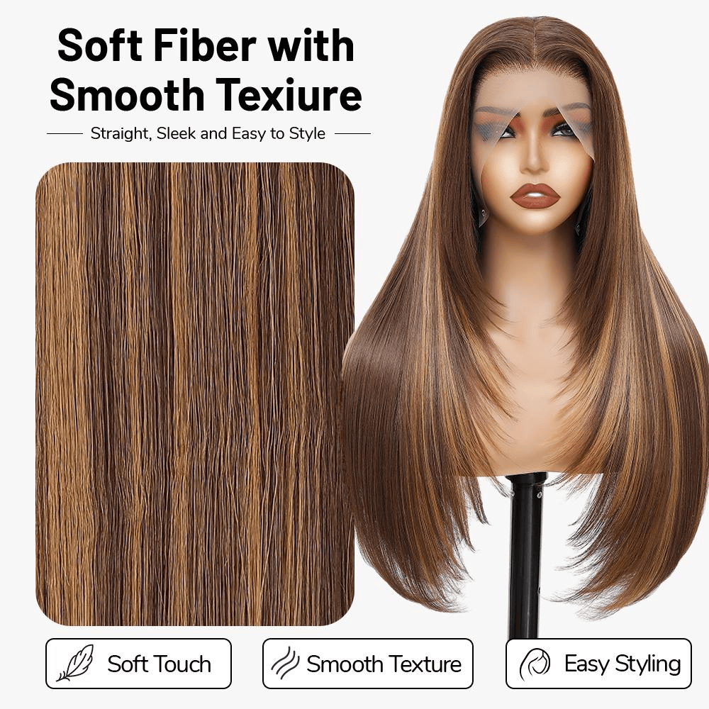 Synthetic Lace Front Wig 13x4 HD Lace Layered Hairstyle Pre Plucked Hairline Straight Long Black Glueless Wigs for Black Women 26 Inch Beginner Friendly