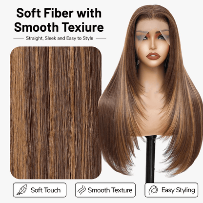 Synthetic Lace Front Wig 13x4 HD Lace Layered Hairstyle Pre Plucked Hairline Straight Long Black Glueless Wigs for Black Women 26 Inch Beginner Friendly