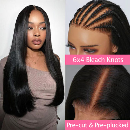 Easy To Go Pre Cut 6x4 Lace Glueless Human Hair Straight Wigs For Women On Sale 180% Density