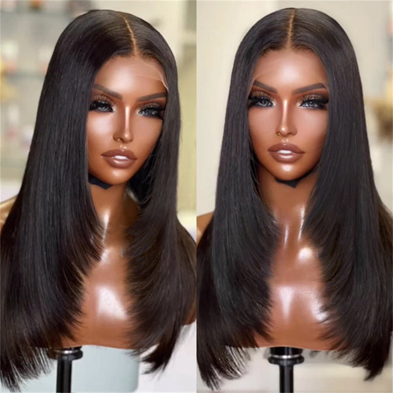 Wesface Layered Cut Straight 5x5 Lace Closure Wig Natural Black Human Hair Wig