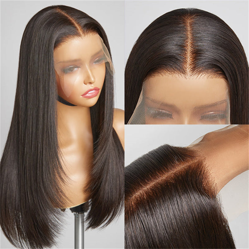 Wesface Layered Cut Straight 5x5 Lace Closure Wig Natural Black Human Hair Wig