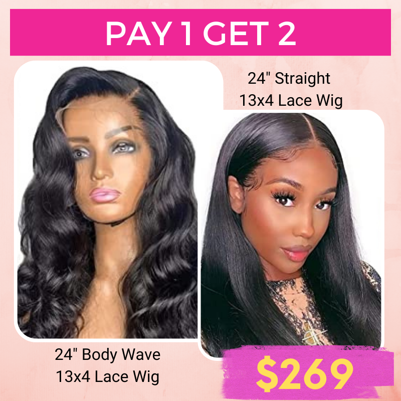 Pay 1 Get 2 Body Wave+Straight Hair 13x4 Lace Wig Natural Black 180% Density