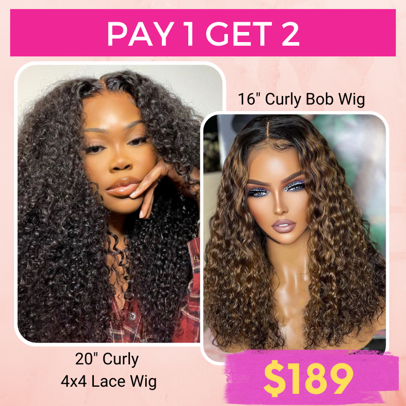 Pay 1 Get 2 Curly Natural Black 4x4 Lace Wig+P4/27 Color 4x4 Lace Bob Wig 180% Density