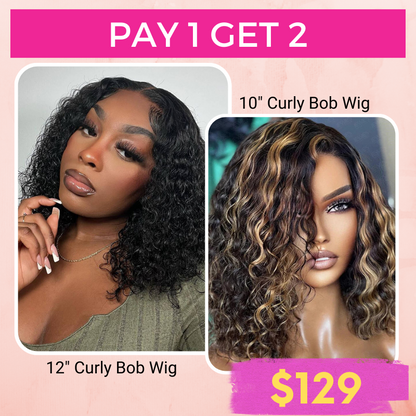 Pay 1 Get 2 Curly Natural Black+P4/27 Color 4x4 Lace Bob Wig 180% Density