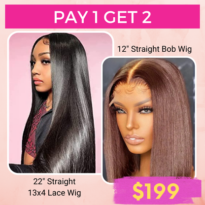 Pay 1 Get 2 Straight Hair Natural Black 13x4 Lace Wig+