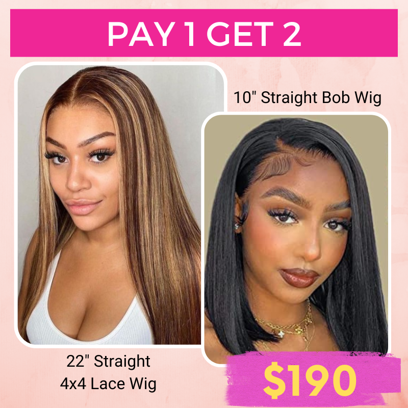 Pay 1 Get 2 Straight Hair P4/27 Color 4x4 Lace Wig+Natural Black 13x4 Lace Bob Wig 180% Density