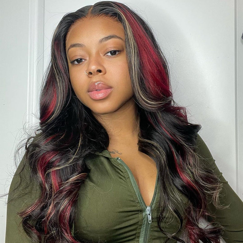 Flash Sale Black With Red Blonde Highlights Human Hair Wigs Glueless Frontal Wig Wesface Wigs