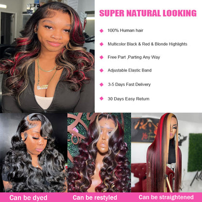 Flash Sale Black With Red Blonde Highlights Human Hair Wigs Glueless Frontal Wig Wesface Wigs