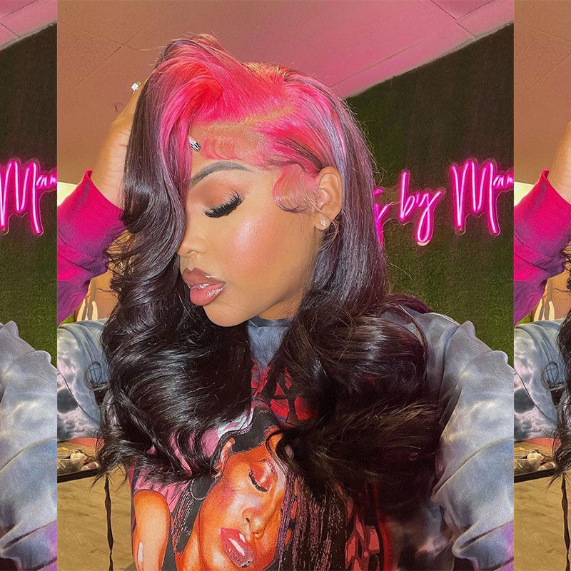 Wesface Body Wave Sparkle Hot Pink Roots Black Color 13x4 Lace Front Wig