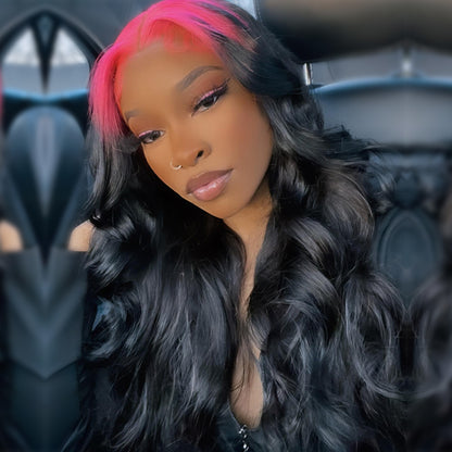Wesface Body Wave Sparkle Hot Pink Roots Black Color 13x4 Lace Front Wig