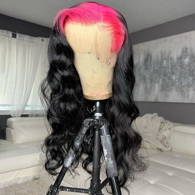 Wesface Body Wave Sparkle Hot Pink Roots Black Color 13x4 Lace Front Wig