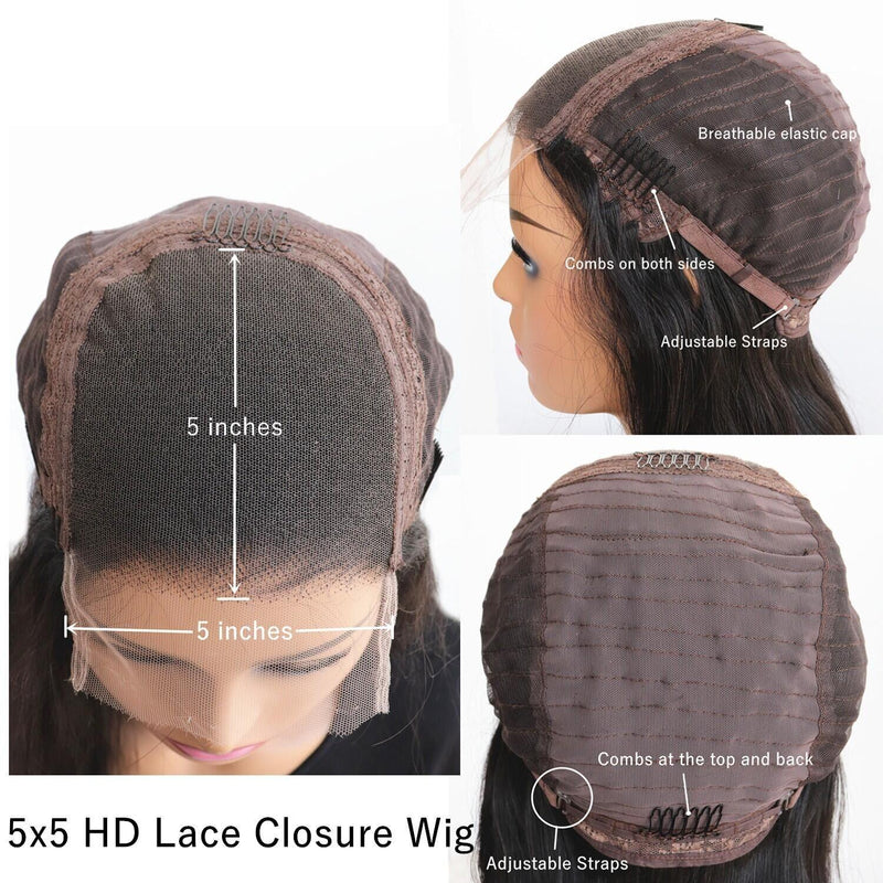 Wesface Straight 5x5 HD Lace Closure Wig Natural Black Human Hair Wig