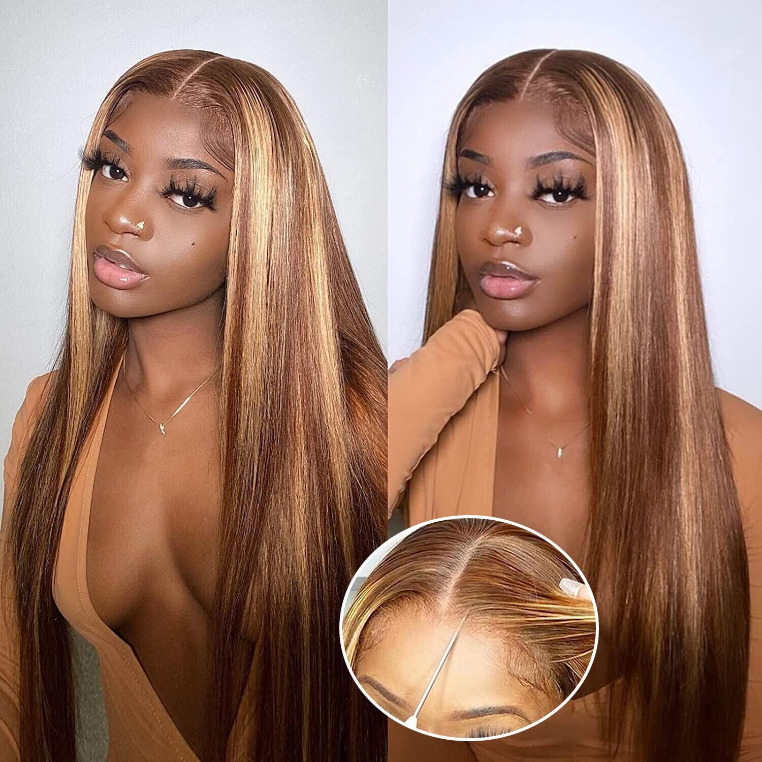 Easy to Go Glueless Wig Highlight Straight Hair Wigs 6X4 HD Lace Front Glueless Wigs Human Hair Pre Cut Pre Plucked Ready to Wear for Beginners