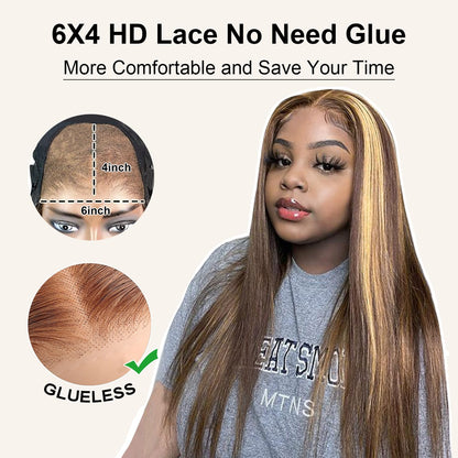 Easy to Go Glueless Wig Highlight Straight Hair Wigs 6X4 HD Lace Front Glueless Wigs Human Hair Pre Cut Pre Plucked Ready to Wear for Beginners