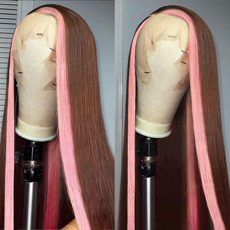 Wesface Strawberry Pink &amp; Chocolate Skunk Stripe Straight 13×4 Lace Front wig