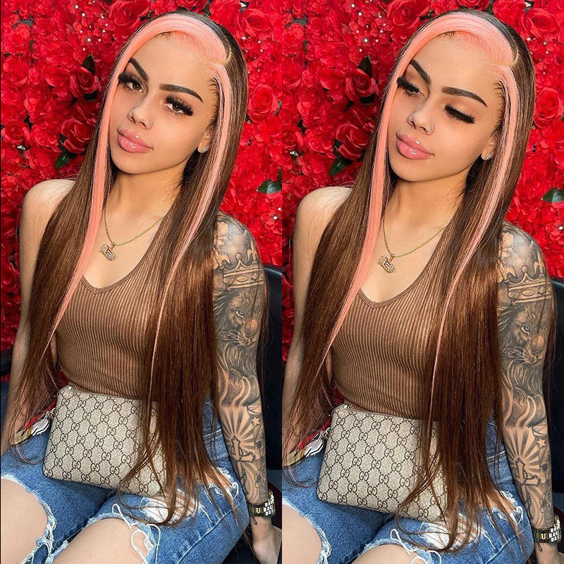 Wesface Strawberry Pink & Chocolate Skunk Stripe Straight 13×4 Lace Front wig