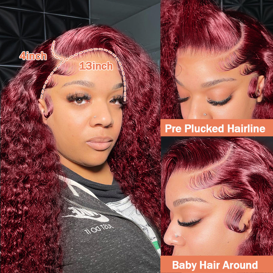 Wesface Curly Burgundy Human Hair Brazilian Red Color Deep Wave 13x4 Lace Front Human Hair Wigs For Women