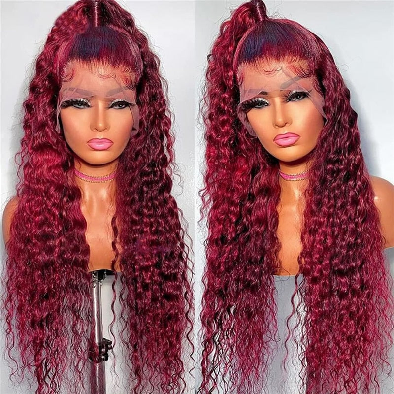 Wesface Curly Burgundy Human Hair Brazilian Red Color Deep Wave 13x4 Lace Front Human Hair Wigs For Women