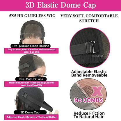 Wesface Straight /Body Wave  Wear Go 5x5 / 4x6 HD Lace 180% Density Glueless 3D Elastic Dome Cap Human Hair Wig