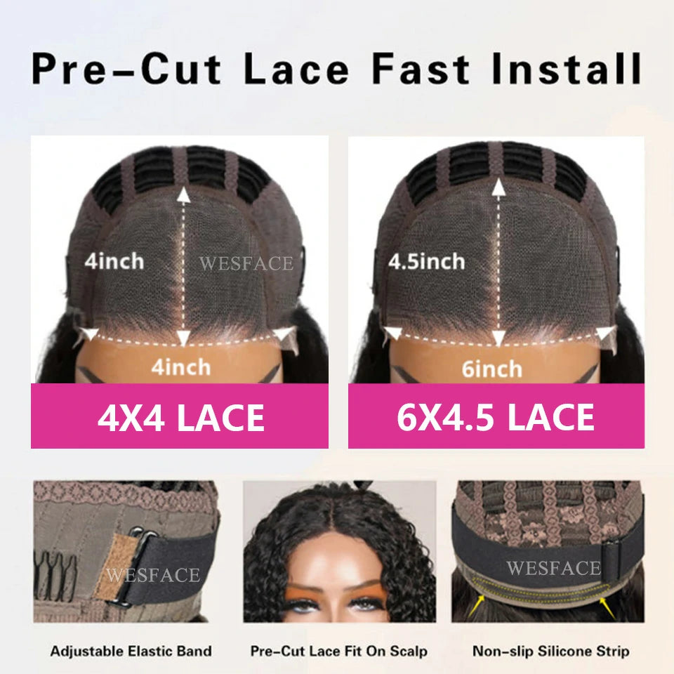 Wesface Wear &amp; Go 4x4 / 6x4.5 Pre-Cut Lace Loose Body/Straight Glueless Breathable Cap-Air 180% Density Wig