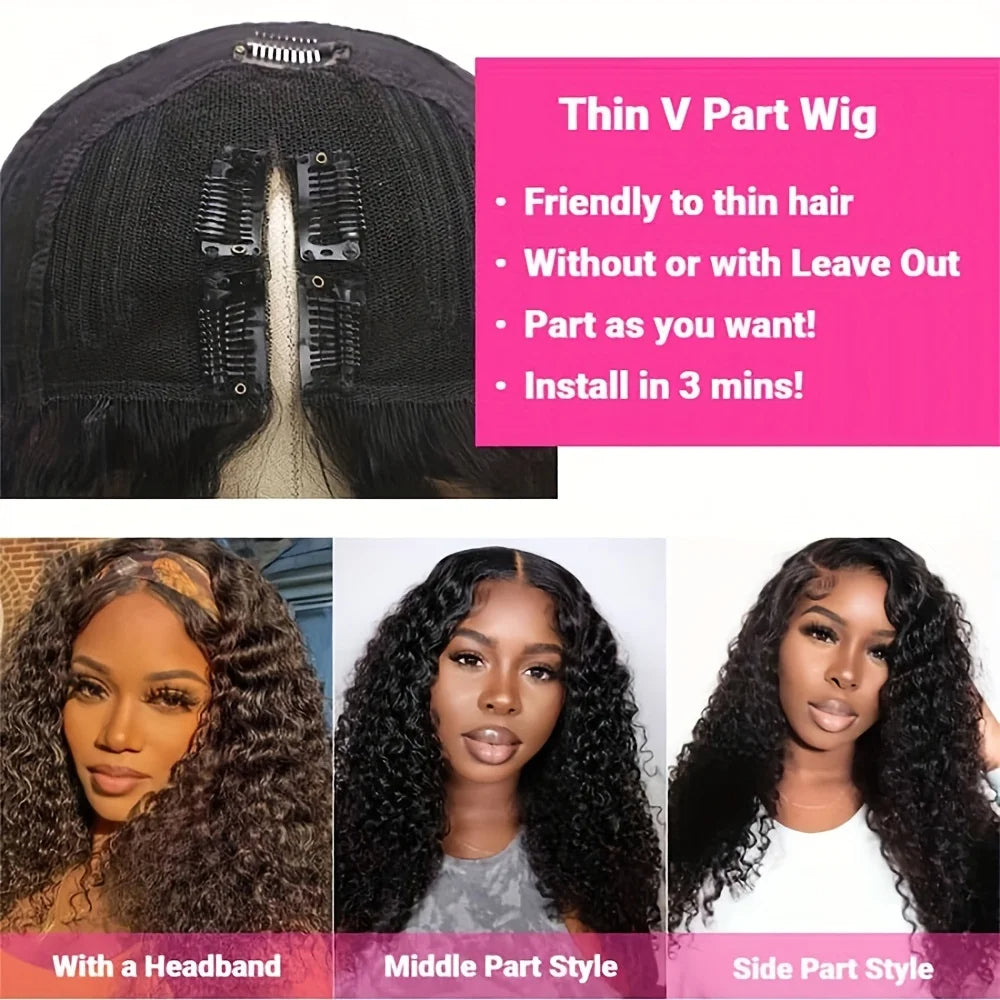Wesface Water Wave Curly V Part Wig WearGo Glueless Wig Natural Black Human Hair Wig