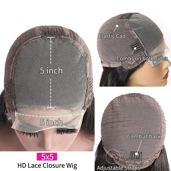 Wesface Water Wave 5x5 HD Lace Closure Wig Natural Black Human Hair Wig
