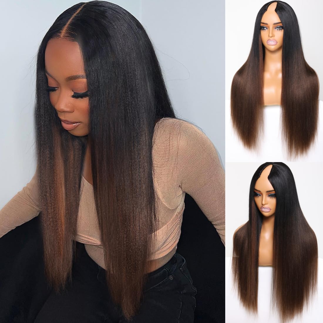 Wesface V Part Wig Human Hair Yaki Straight Ombre Brown No Leave Out No Lace V Shape Clip Glueless Wigs for Women