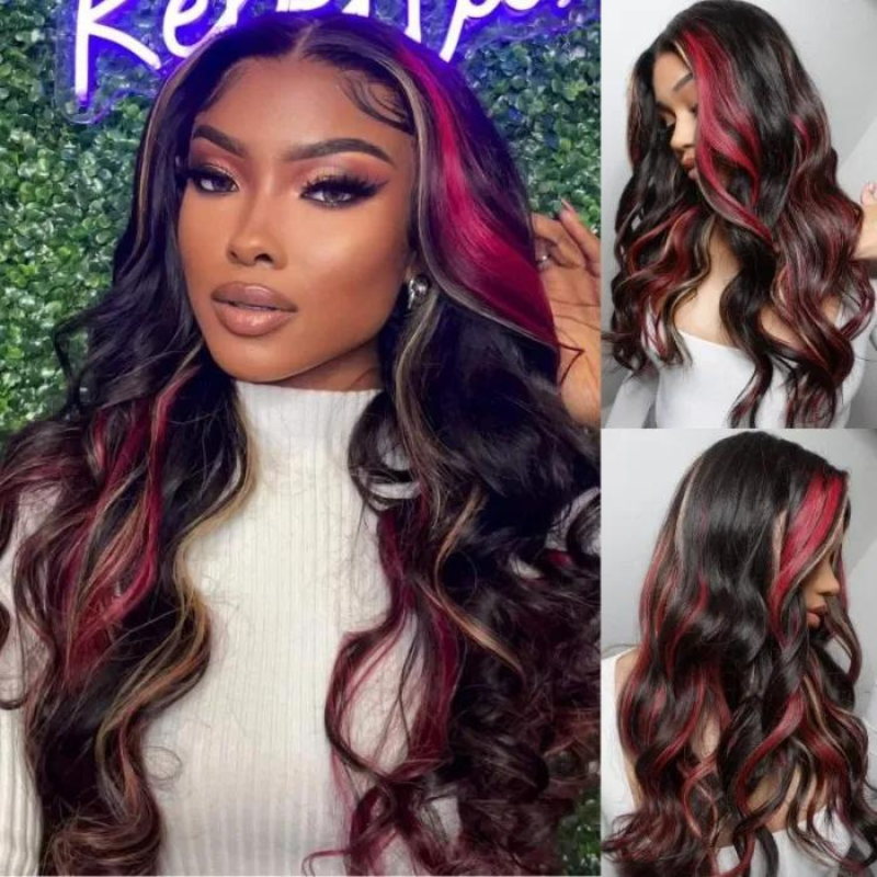 Black With Red & Blonde Highlights Lace Front Loose Wave Wig