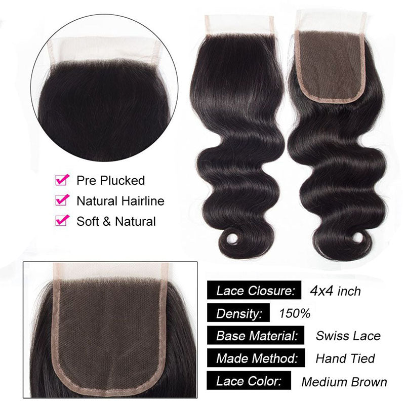 Wesface Brazilian Body Wave Hair 3 Bundles With 4x4 Closure Free Part