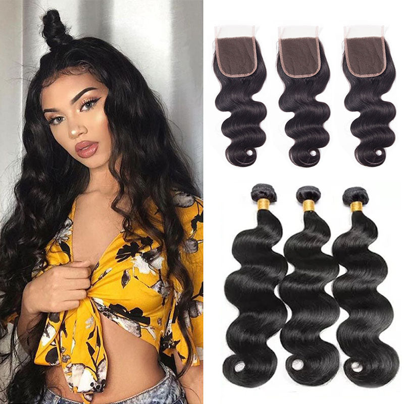 Wesface Body Wave 4 Bundles With 4x4 Closure Brazilian Natural Human Hair