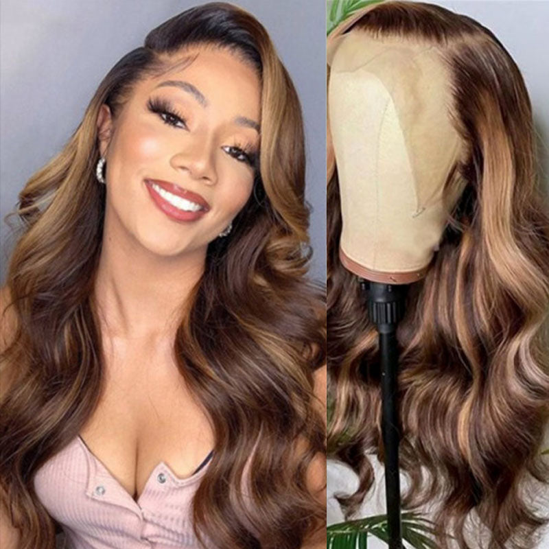 Wesface Body Wave P4/27 Color 13x6 Transparent Lace Front Highlight Ombre Brown Honey Blonde Wigs