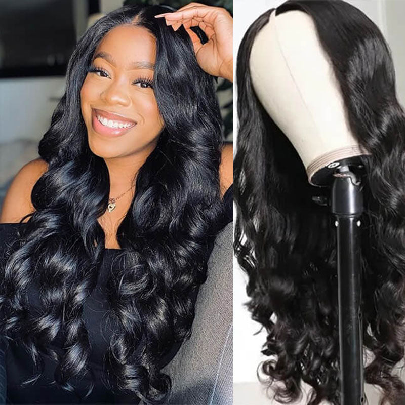 Wesface Body Wave V Part Wig Natural Black Glueless Human Hair Wig 180% Density