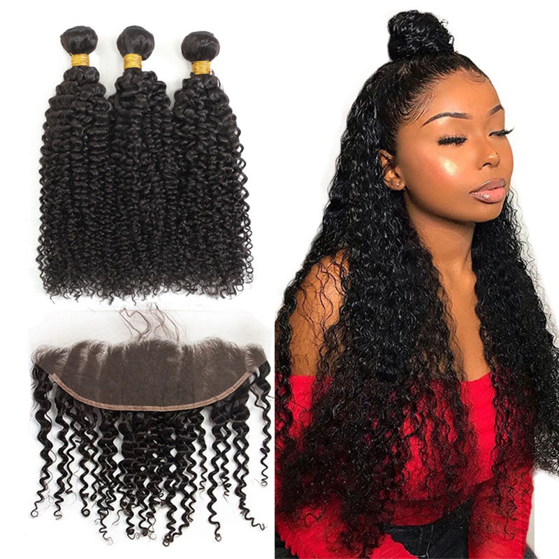 Wesface Curly 3 Bundles Hair Weft With 13x4 Lace Frontal Human Virgin Hair